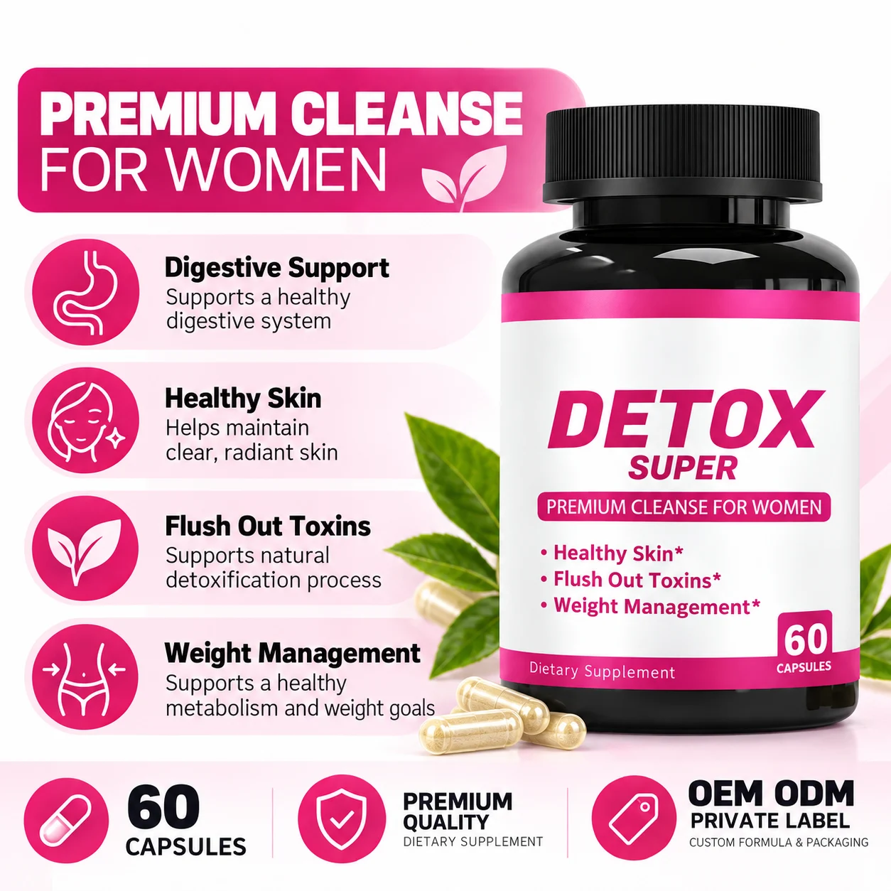 Detox Super Women's Cleanse Capsules, 60 Count, Herbal Dietary Supplement for Women, Daily Wellness Formula, OEM ODM Private Label, Custom Formula & Packaging, Wholesale Supply product detail