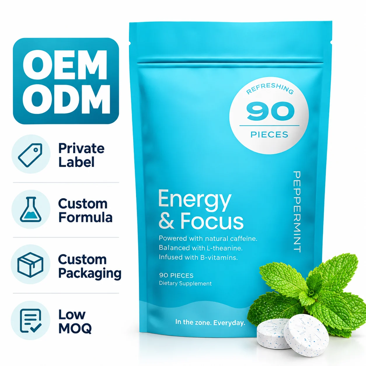 Energy & Focus Peppermint Tablets, 90 Count, Natural Caffeine with L-Theanine & B Vitamins, Sugar Free Mint Dietary Supplement, On-the-Go Energy Support, OEM ODM Private Label Wholesale