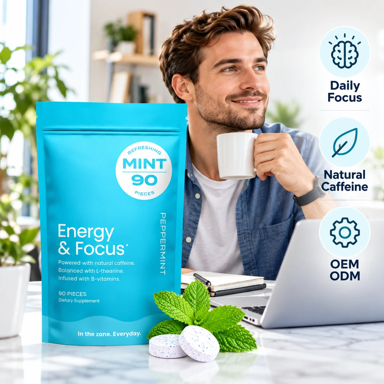 Energy & Focus Peppermint Tablets, 90 Count, Natural Caffeine with L-Theanine & B Vitamins, Sugar Free Mint Dietary Supplement, On-the-Go Energy Support, OEM ODM Private Label Wholesale product detail