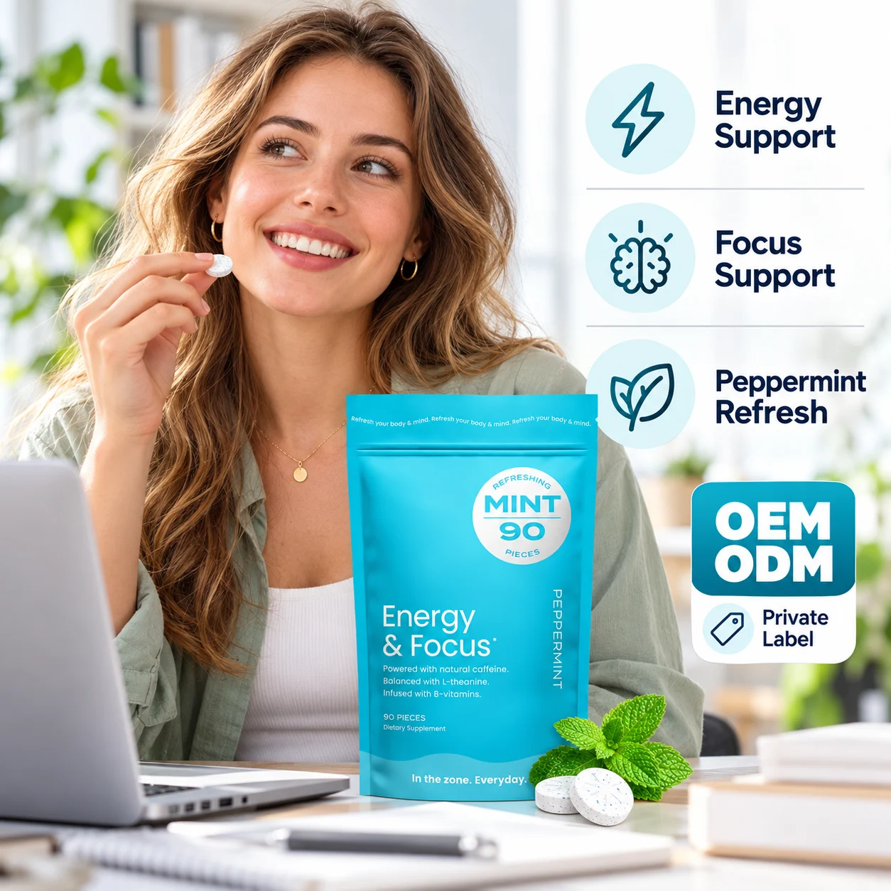 Energy & Focus Peppermint Tablets, 90 Count, Natural Caffeine with L-Theanine & B Vitamins, Sugar Free Mint Dietary Supplement, On-the-Go Energy Support, OEM ODM Private Label Wholesale product detail