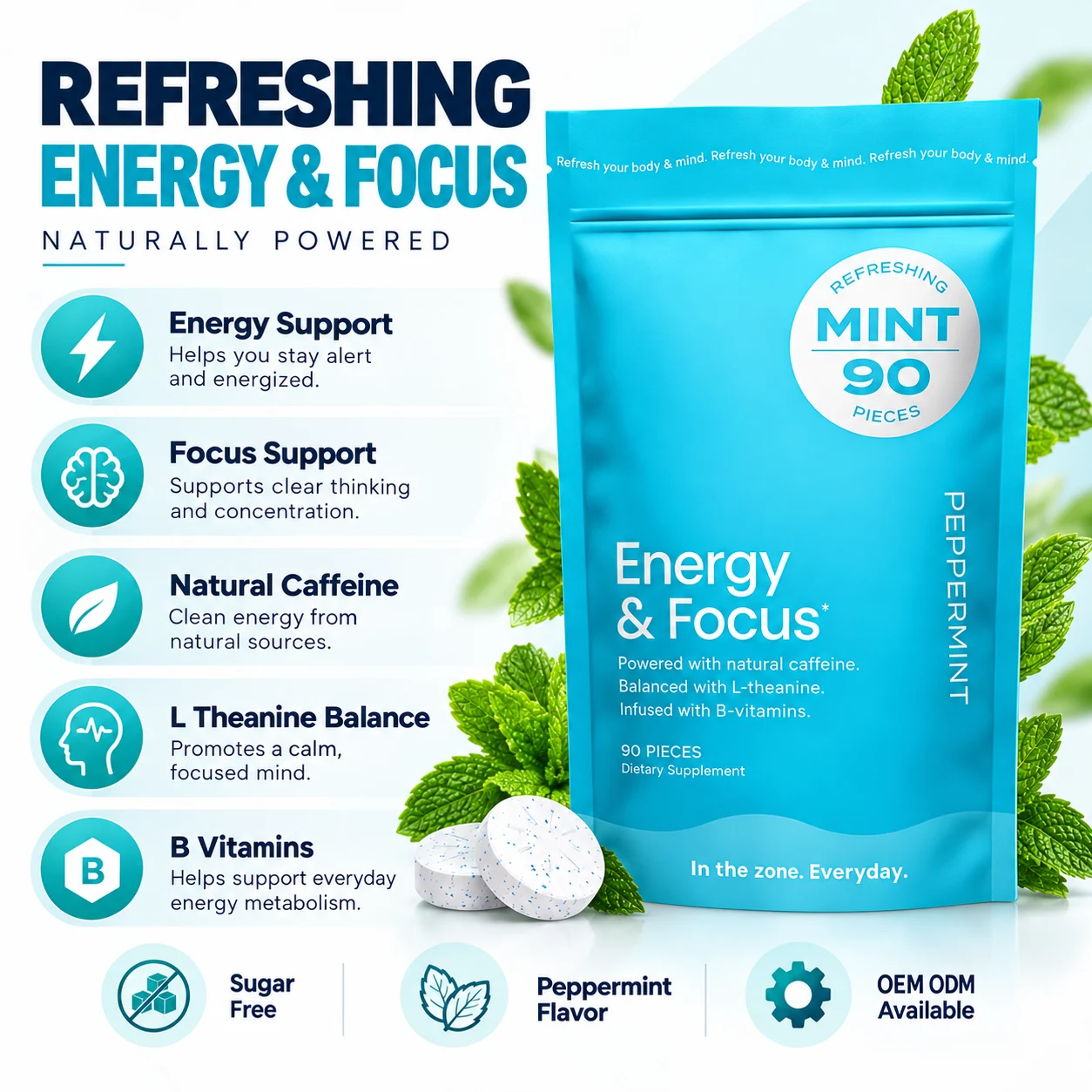 Energy & Focus Peppermint Tablets, 90 Count, Natural Caffeine with L-Theanine & B Vitamins, Sugar Free Mint Dietary Supplement, On-the-Go Energy Support, OEM ODM Private Label Wholesale product detail