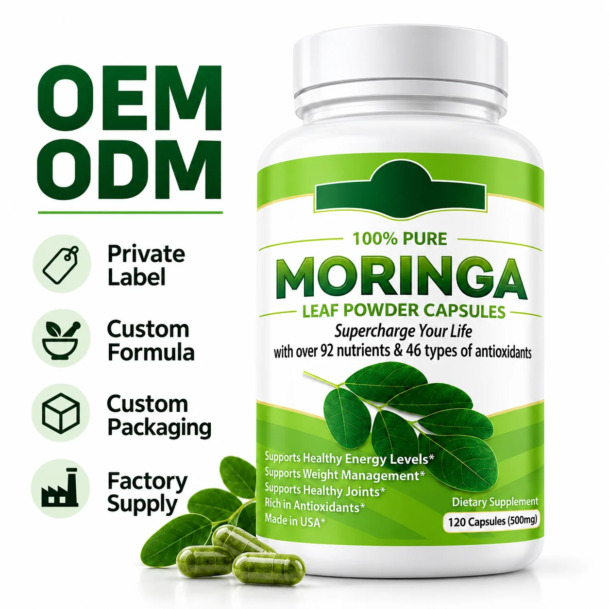 Moringa Leaf Powder Capsules, 120 Count, 500mg Label Specification, Moringa Oleifera Botanical Dietary Supplement for Daily Wellness, OEM ODM Private Label, Custom Formula & Packaging, Wholesale Supply
