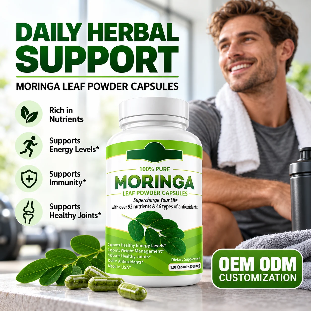 Moringa Leaf Powder Capsules, 120 Count, 500mg Label Specification, Moringa Oleifera Botanical Dietary Supplement for Daily Wellness, OEM ODM Private Label, Custom Formula & Packaging, Wholesale Supply product detail