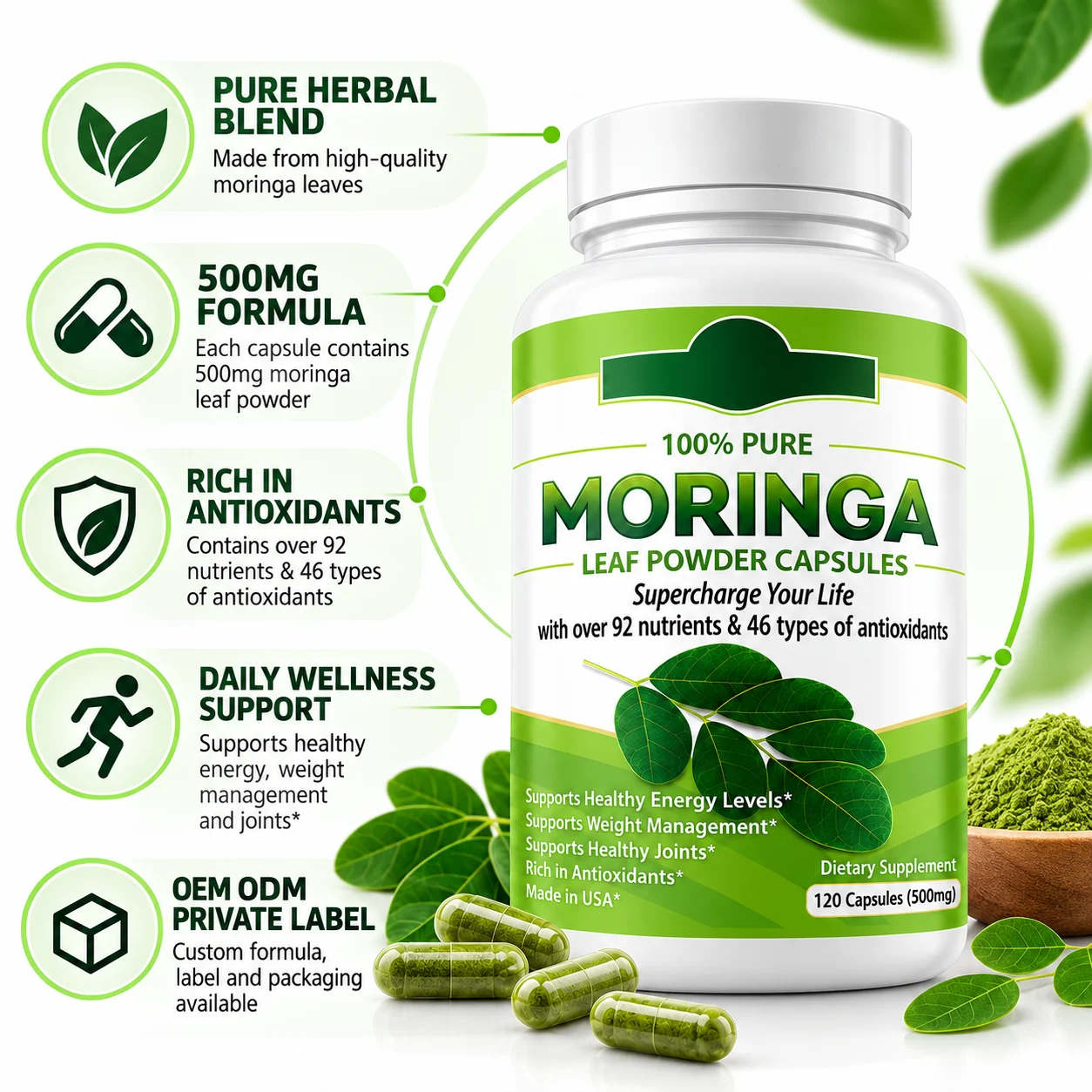 Moringa Leaf Powder Capsules, 120 Count, 500mg Label Specification, Moringa Oleifera Botanical Dietary Supplement for Daily Wellness, OEM ODM Private Label, Custom Formula & Packaging, Wholesale Supply product detail