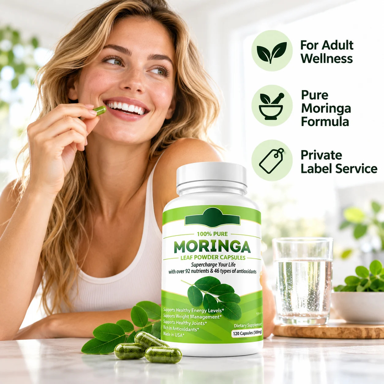 Moringa Leaf Powder Capsules, 120 Count, 500mg Label Specification, Moringa Oleifera Botanical Dietary Supplement for Daily Wellness, OEM ODM Private Label, Custom Formula & Packaging, Wholesale Supply product detail