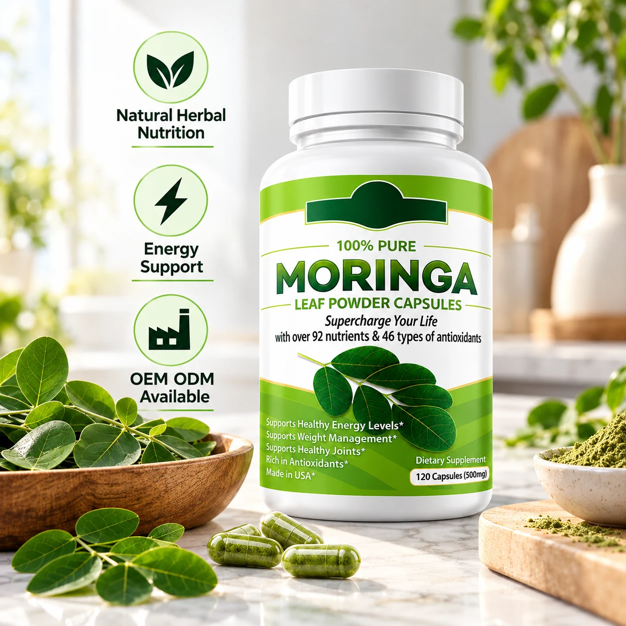 Moringa Leaf Powder Capsules, 120 Count, 500mg Label Specification, Moringa Oleifera Botanical Dietary Supplement for Daily Wellness, OEM ODM Private Label, Custom Formula & Packaging, Wholesale Supply product detail