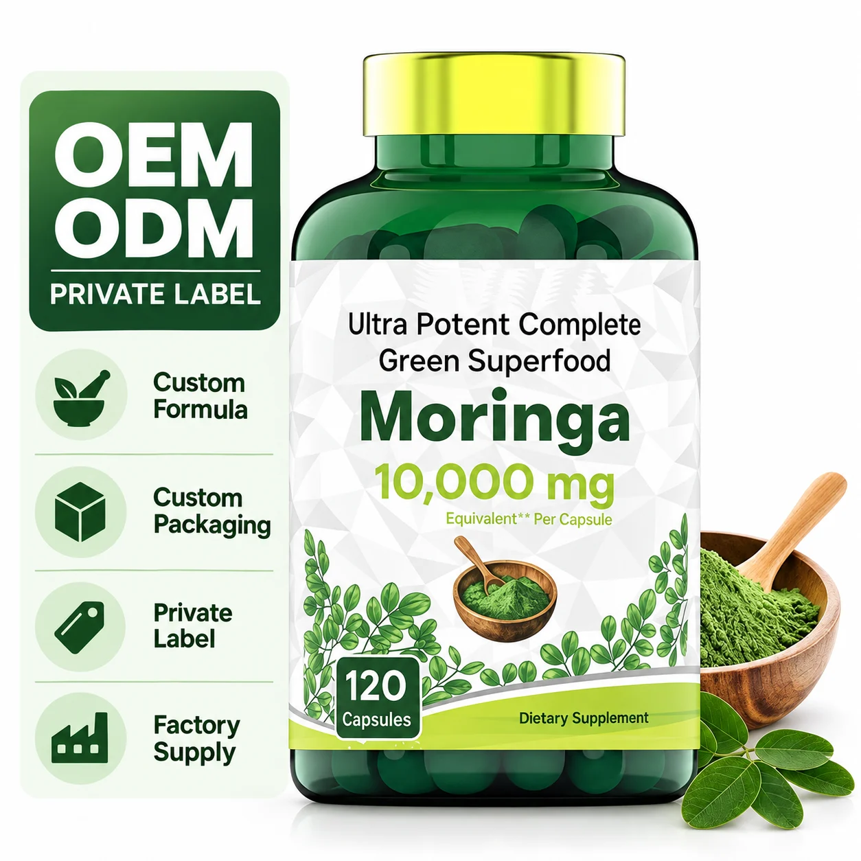 Moringa Capsules 10,000mg Equivalent Per Capsule, 120 Count, Natural Green Superfood Supplement, Daily Wellness & Antioxidant Support