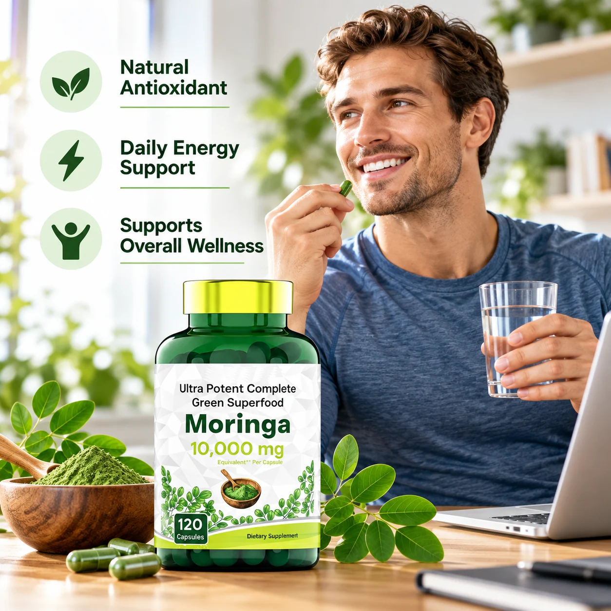 Moringa Capsules 10,000mg Equivalent Per Capsule, 120 Count, Natural Green Superfood Supplement, Daily Wellness & Antioxidant Support product detail