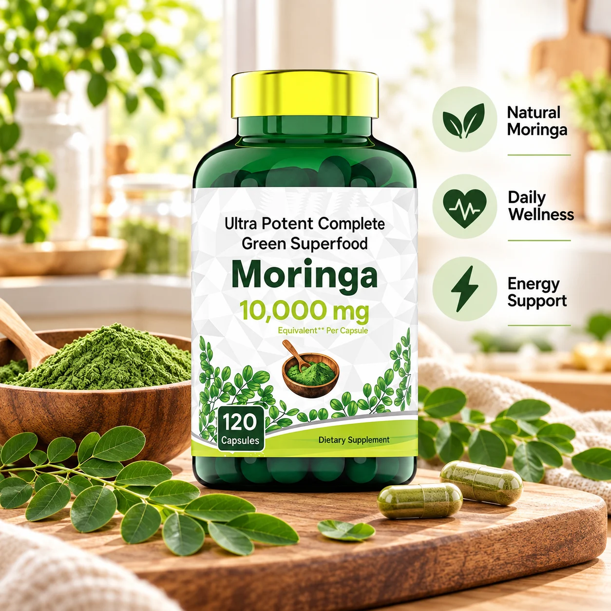 Moringa Capsules 10,000mg Equivalent Per Capsule, 120 Count, Natural Green Superfood Supplement, Daily Wellness & Antioxidant Support product detail