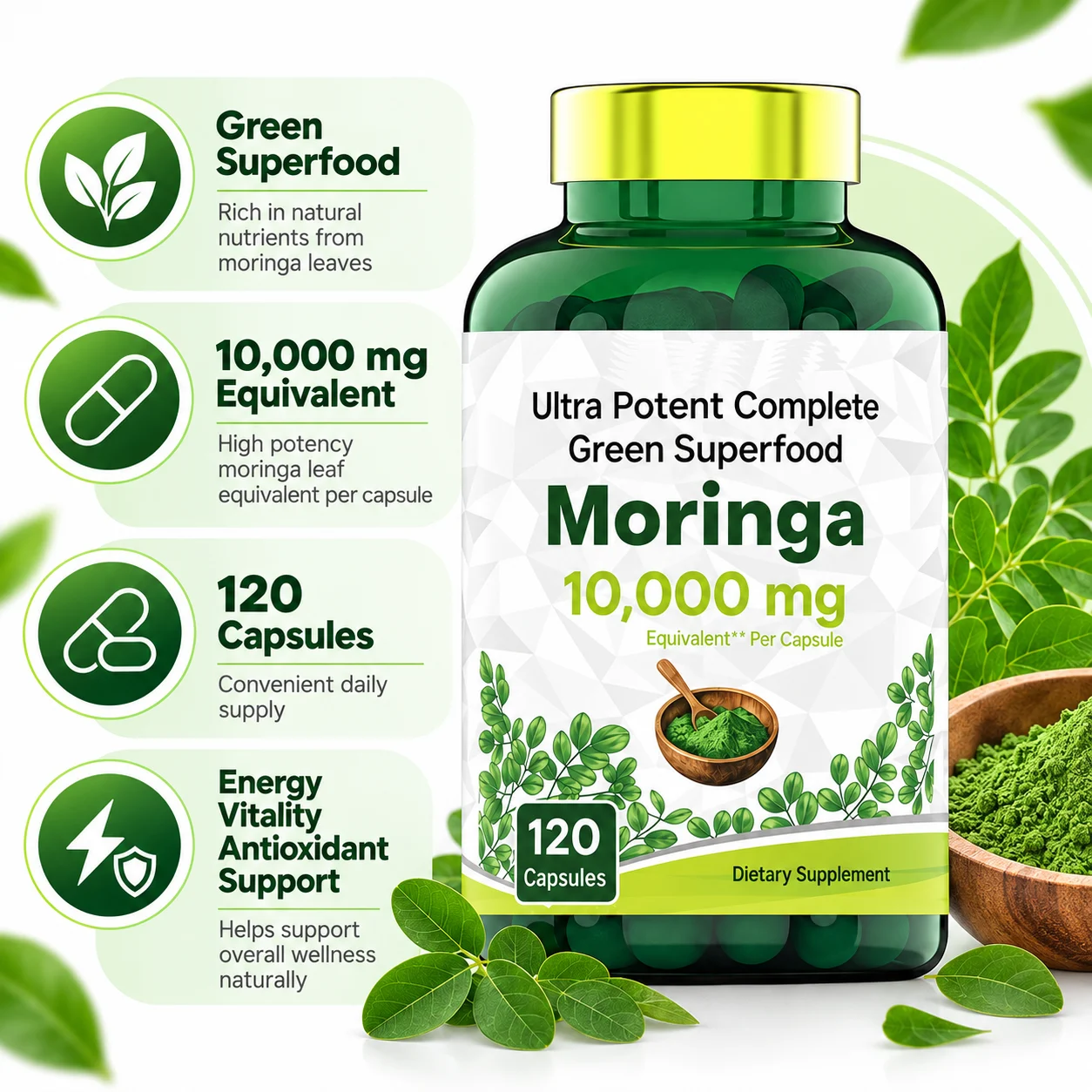 Moringa Capsules 10,000mg Equivalent Per Capsule, 120 Count, Natural Green Superfood Supplement, Daily Wellness & Antioxidant Support product detail