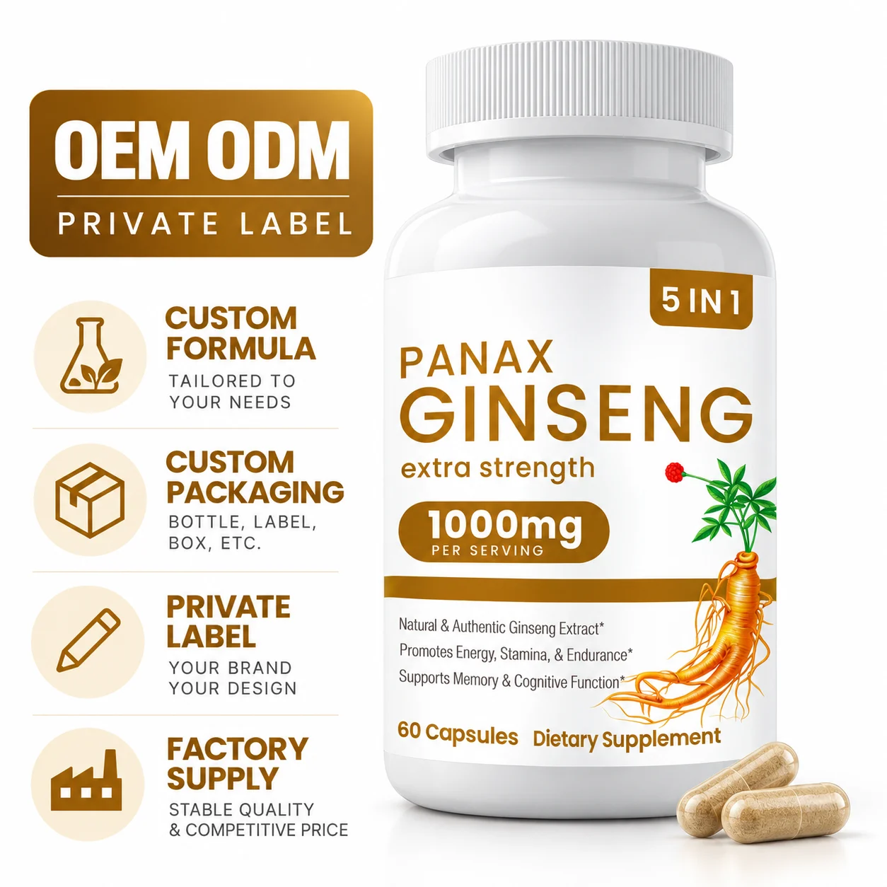 5 IN 1 Panax Ginseng Capsules, 1000mg Per Serving, 60 Capsules