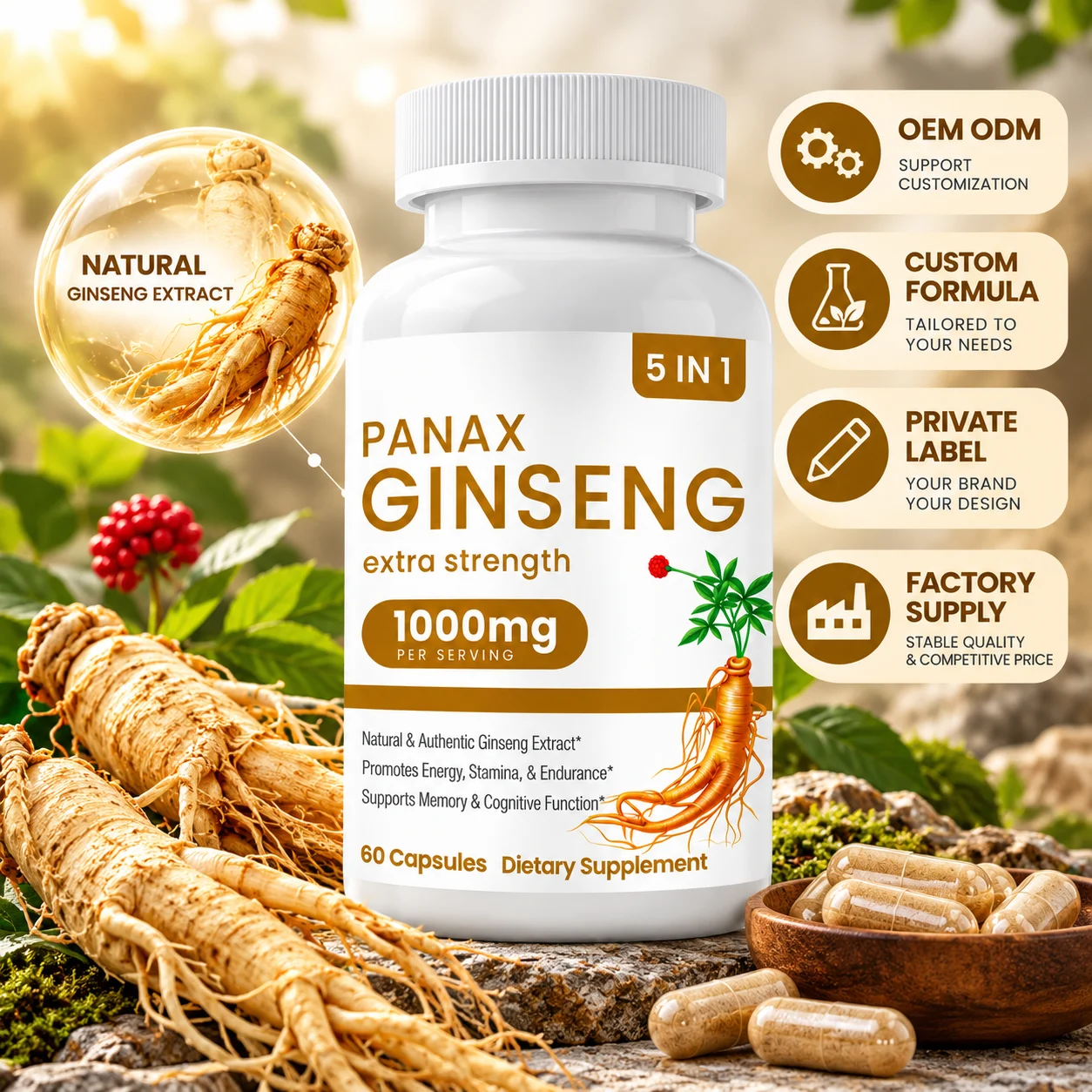 5 IN 1 Panax Ginseng Capsules, 1000mg Per Serving, 60 Capsules product detail
