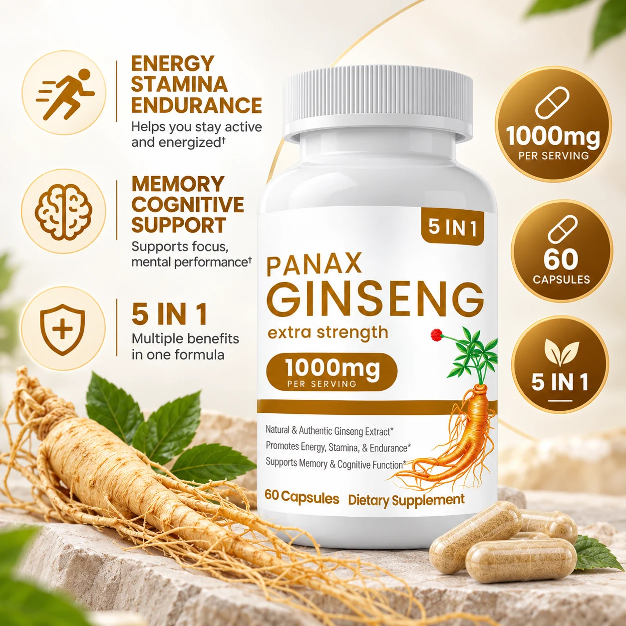 5 IN 1 Panax Ginseng Capsules, 1000mg Per Serving, 60 Capsules product detail