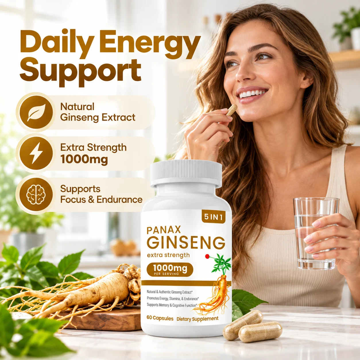 5 IN 1 Panax Ginseng Capsules, 1000mg Per Serving, 60 Capsules product detail