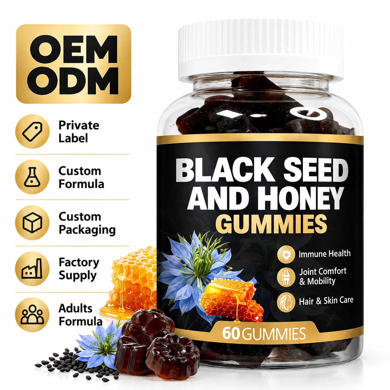Black Seed and Honey Gummies, 60 Gummies Per Bottle, Adult Formula