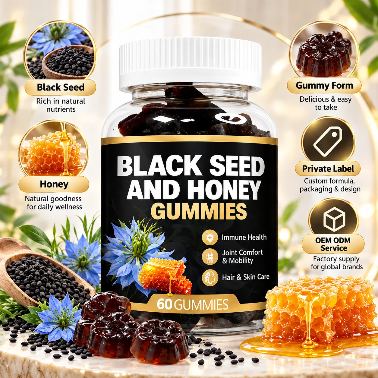 Black Seed and Honey Gummies, 60 Gummies Per Bottle, Adult Formula product detail