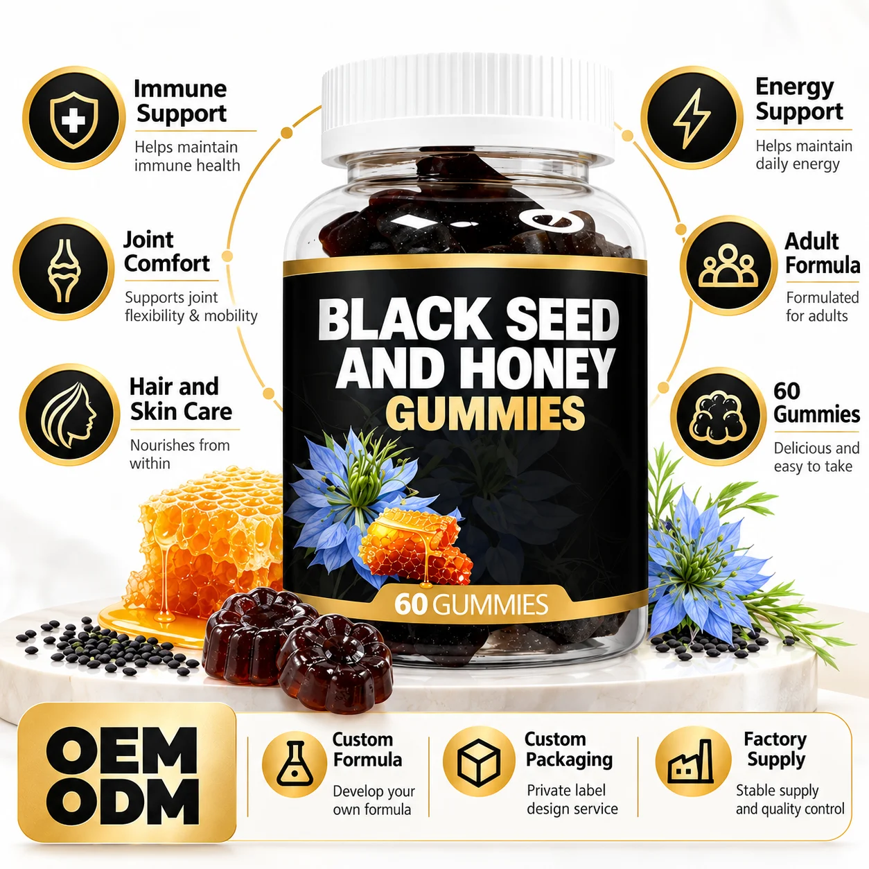 Black Seed and Honey Gummies, 60 Gummies Per Bottle, Adult Formula product detail