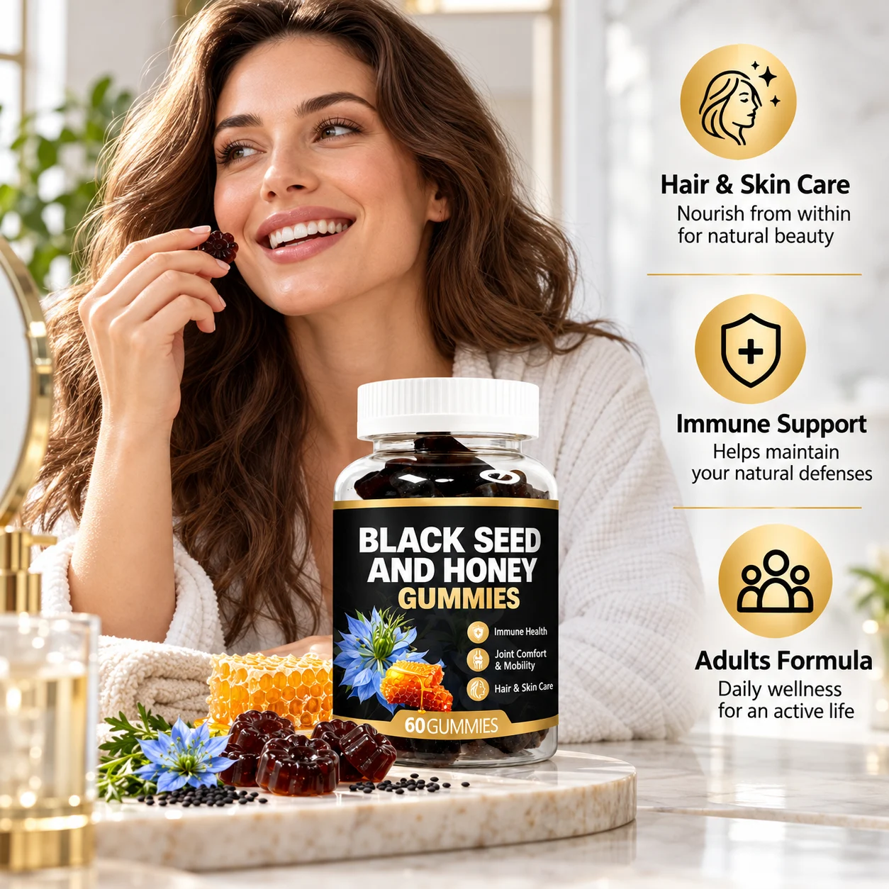 Black Seed and Honey Gummies, 60 Gummies Per Bottle, Adult Formula product detail