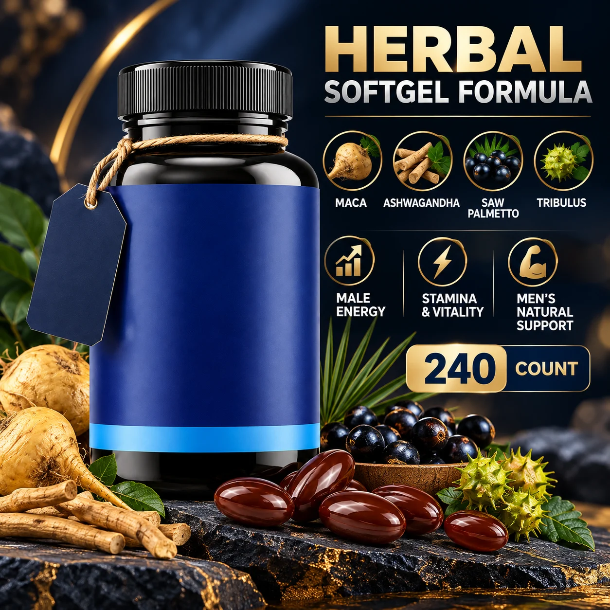 Men Herbal Softgels, 240 Softgels, Maca Ashwagandha Saw Palmetto Tribulus Dietary Supplement product detail