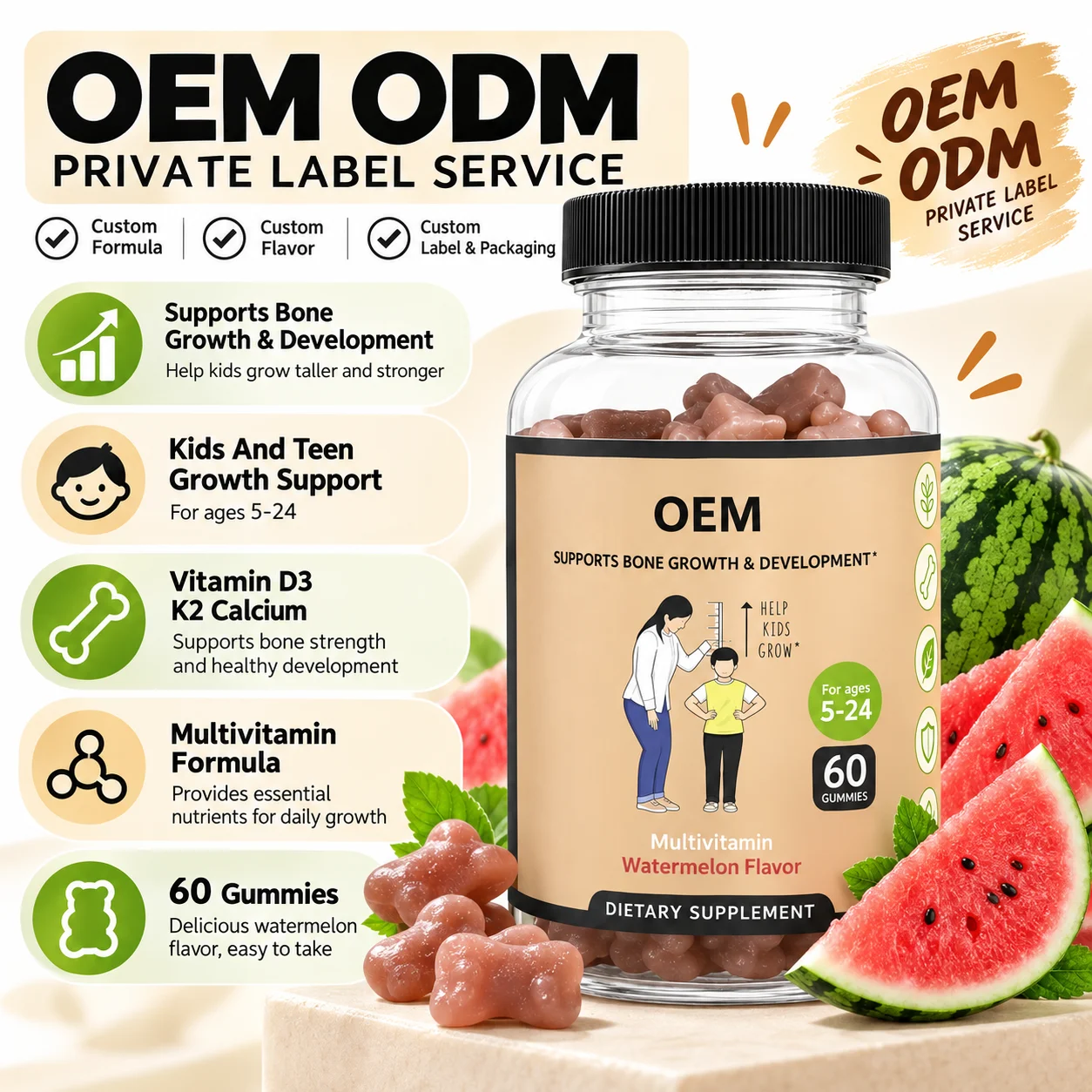 Kids Teens Growth Multivitamin Gummies, 60 Gummies, Watermelon Flavor, Vitamin D3 K2 Calcium for Bone Growth