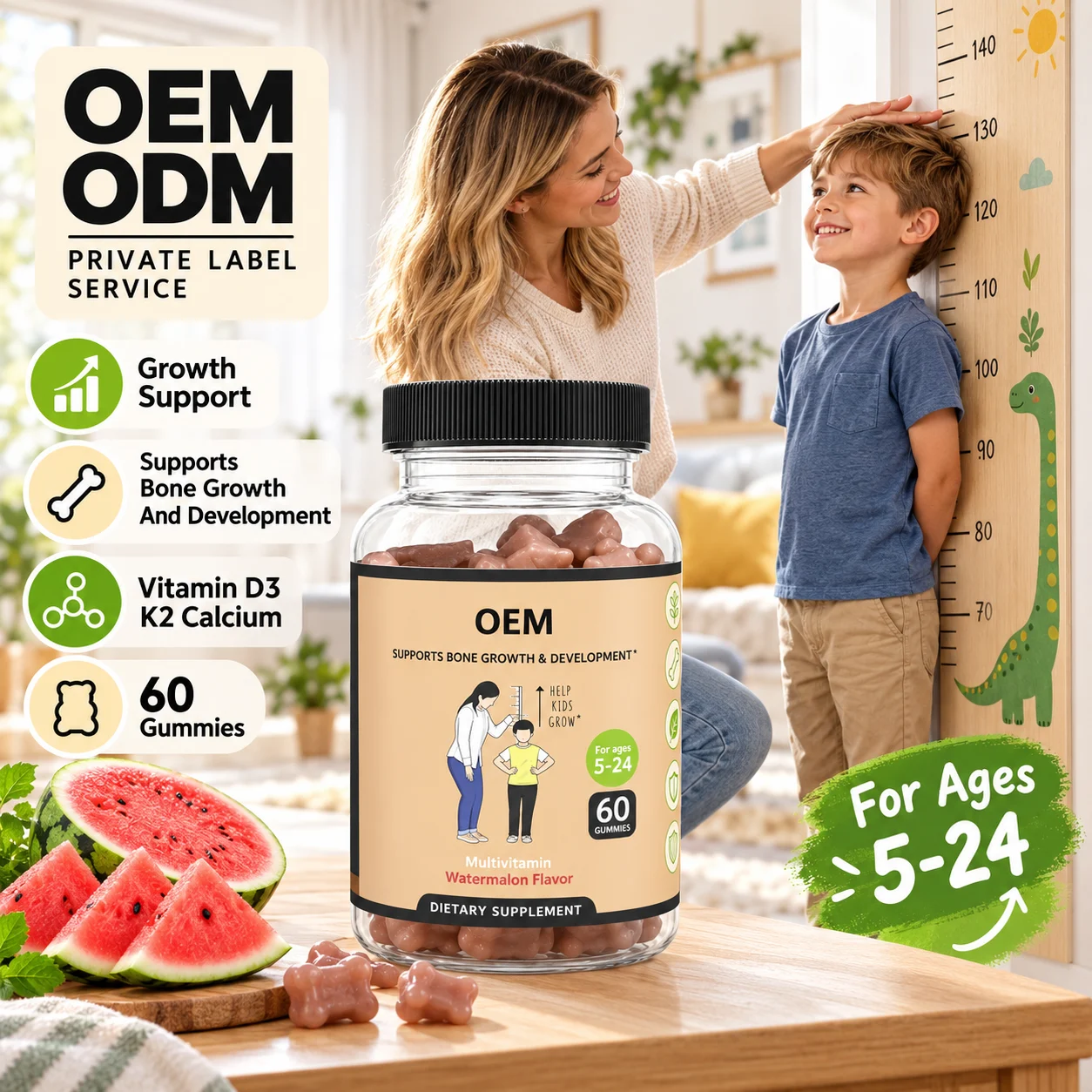 Kids Teens Growth Multivitamin Gummies, 60 Gummies, Watermelon Flavor, Vitamin D3 K2 Calcium for Bone Growth product detail