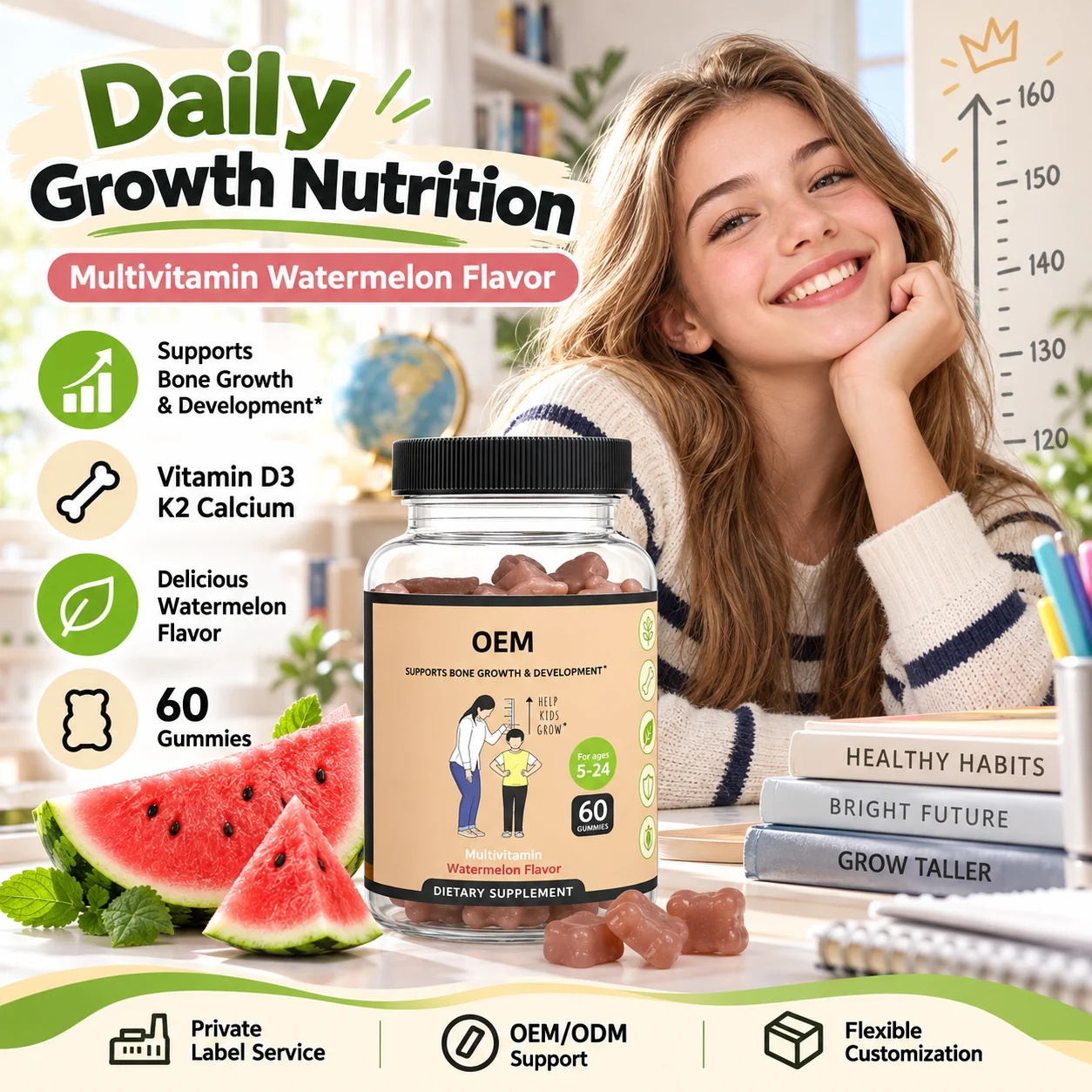 Kids Teens Growth Multivitamin Gummies, 60 Gummies, Watermelon Flavor, Vitamin D3 K2 Calcium for Bone Growth product detail