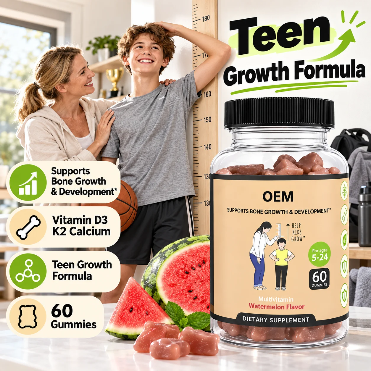 Kids Teens Growth Multivitamin Gummies, 60 Gummies, Watermelon Flavor, Vitamin D3 K2 Calcium for Bone Growth product detail