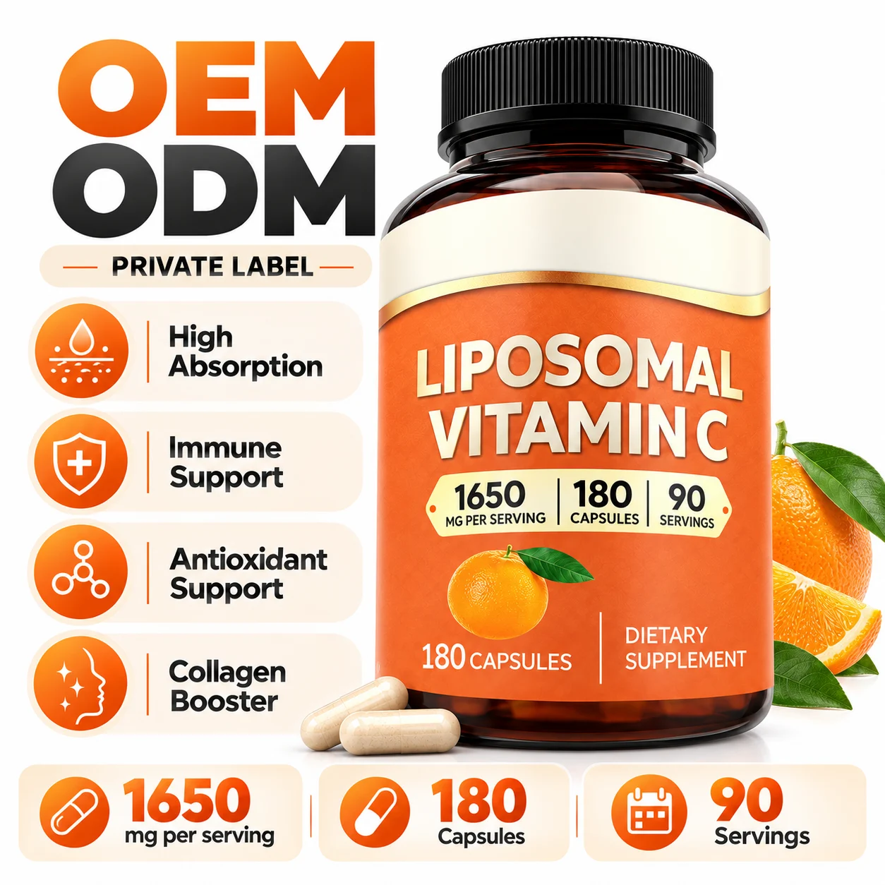 Liposomal Vitamin C Capsules, 180 Capsules, 1650mg Per Serving, Immune & Antioxidant Support