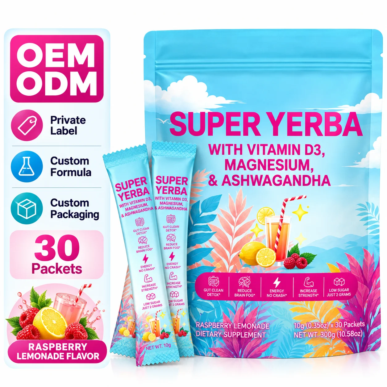 Super Yerba Powder Sticks with Vitamin D3, Magnesium & Ashwagandha, Raspberry Lemonade Flavor, 30 Packets
