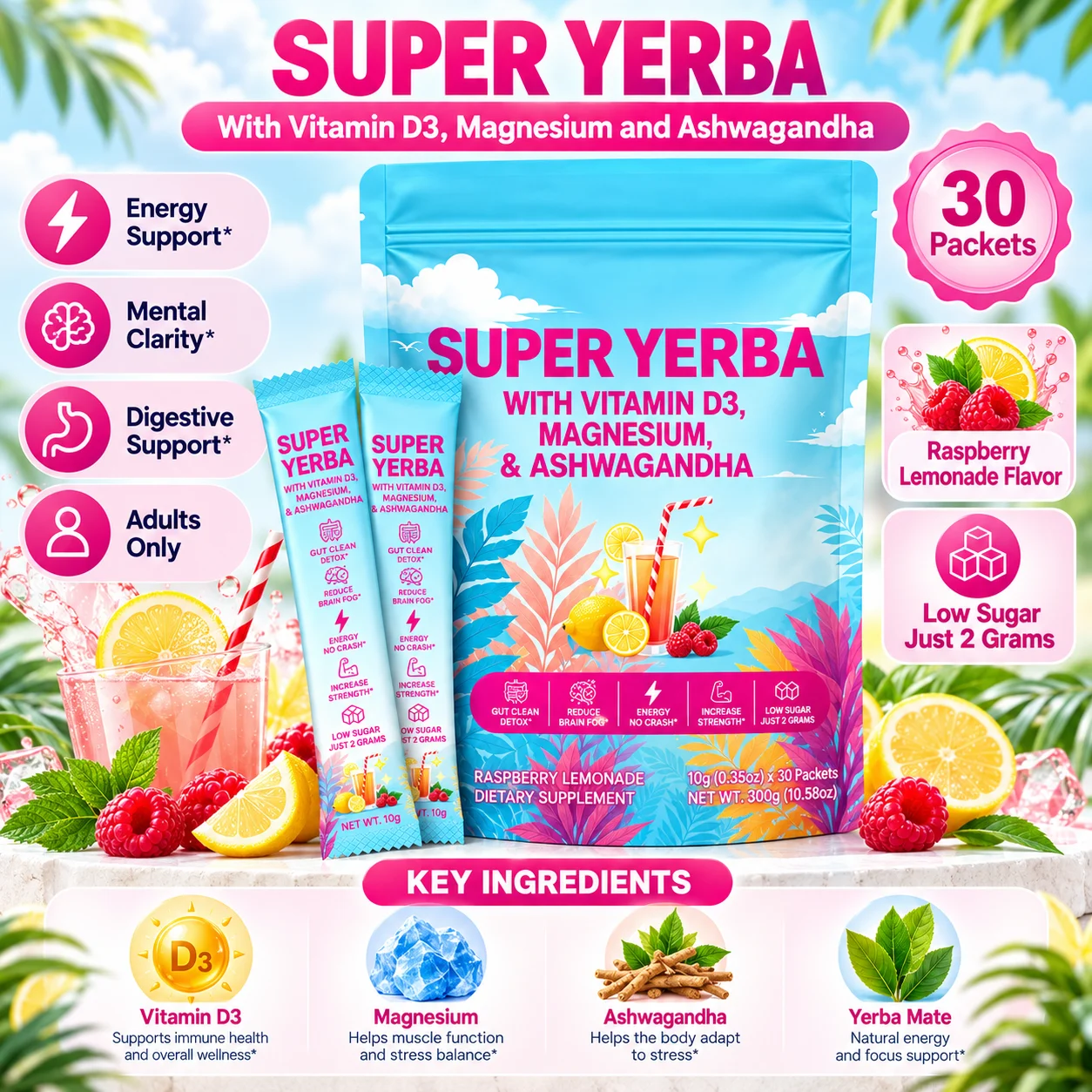 Super Yerba Powder Sticks with Vitamin D3, Magnesium & Ashwagandha, Raspberry Lemonade Flavor, 30 Packets product detail