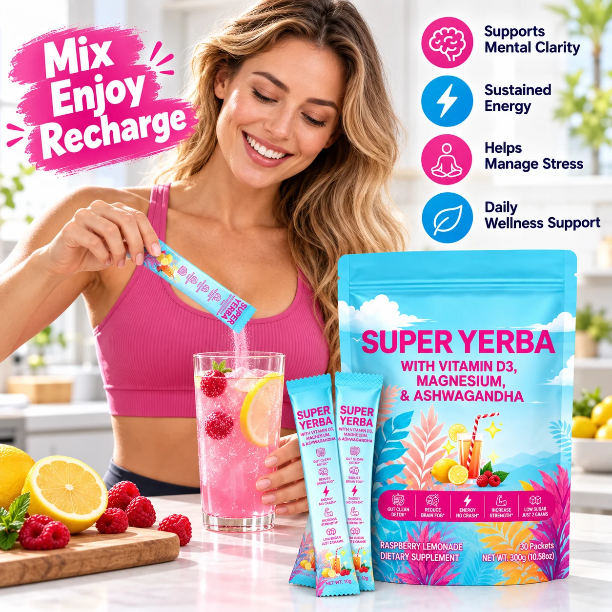 Super Yerba Powder Sticks with Vitamin D3, Magnesium & Ashwagandha, Raspberry Lemonade Flavor, 30 Packets product detail