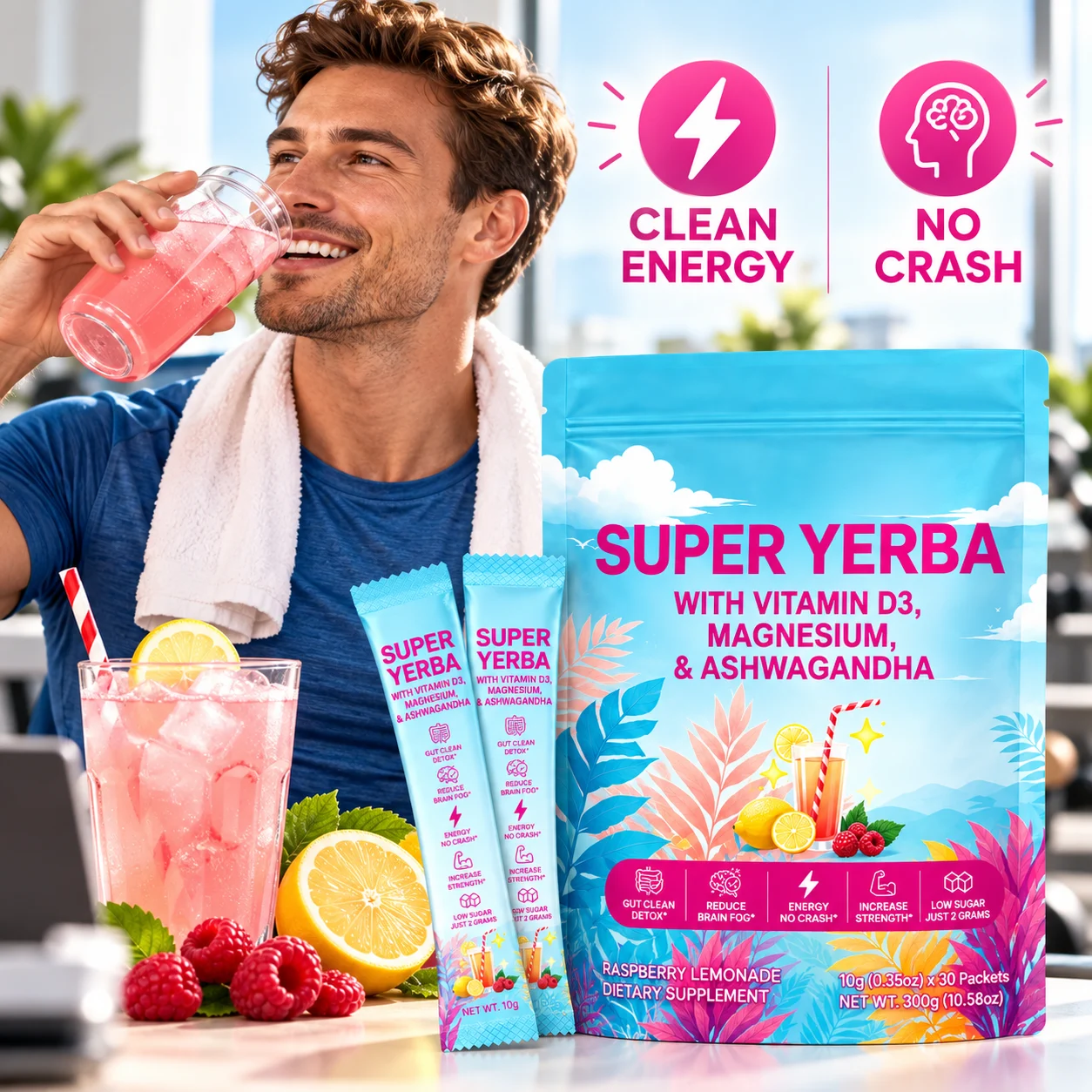 Super Yerba Powder Sticks with Vitamin D3, Magnesium & Ashwagandha, Raspberry Lemonade Flavor, 30 Packets product detail