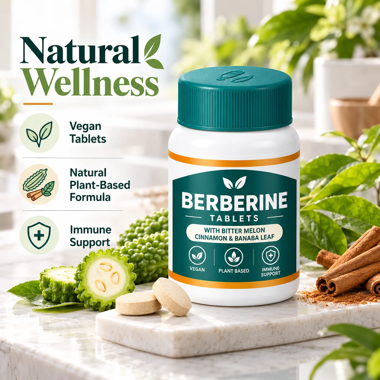 Liposomal Berberine Tablets with Bitter Melon, Cinnamon & Banaba Leaf, Vegan Plant Based Immune Support Supplement product detail