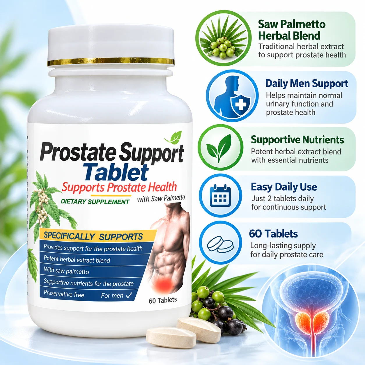 Prostate Support Tablets for Men, with Saw Palmetto Herbal Extract Blend, 60 Tablets, Men’s Health Dietary Supplement product detail