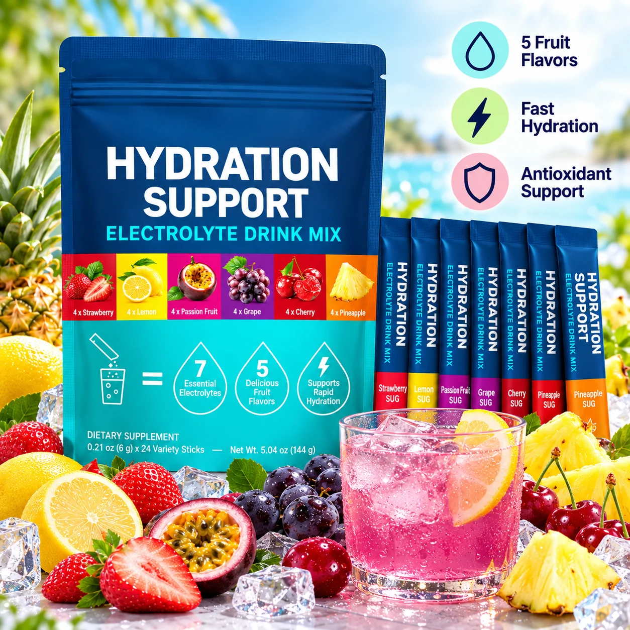 Hydration Support Electrolyte Drink Mix, 24 Variety Flavor Sticks, 7 Essential Electrolytes with Vitamin B Complex, Instant Powder Hydration Supplement product detail