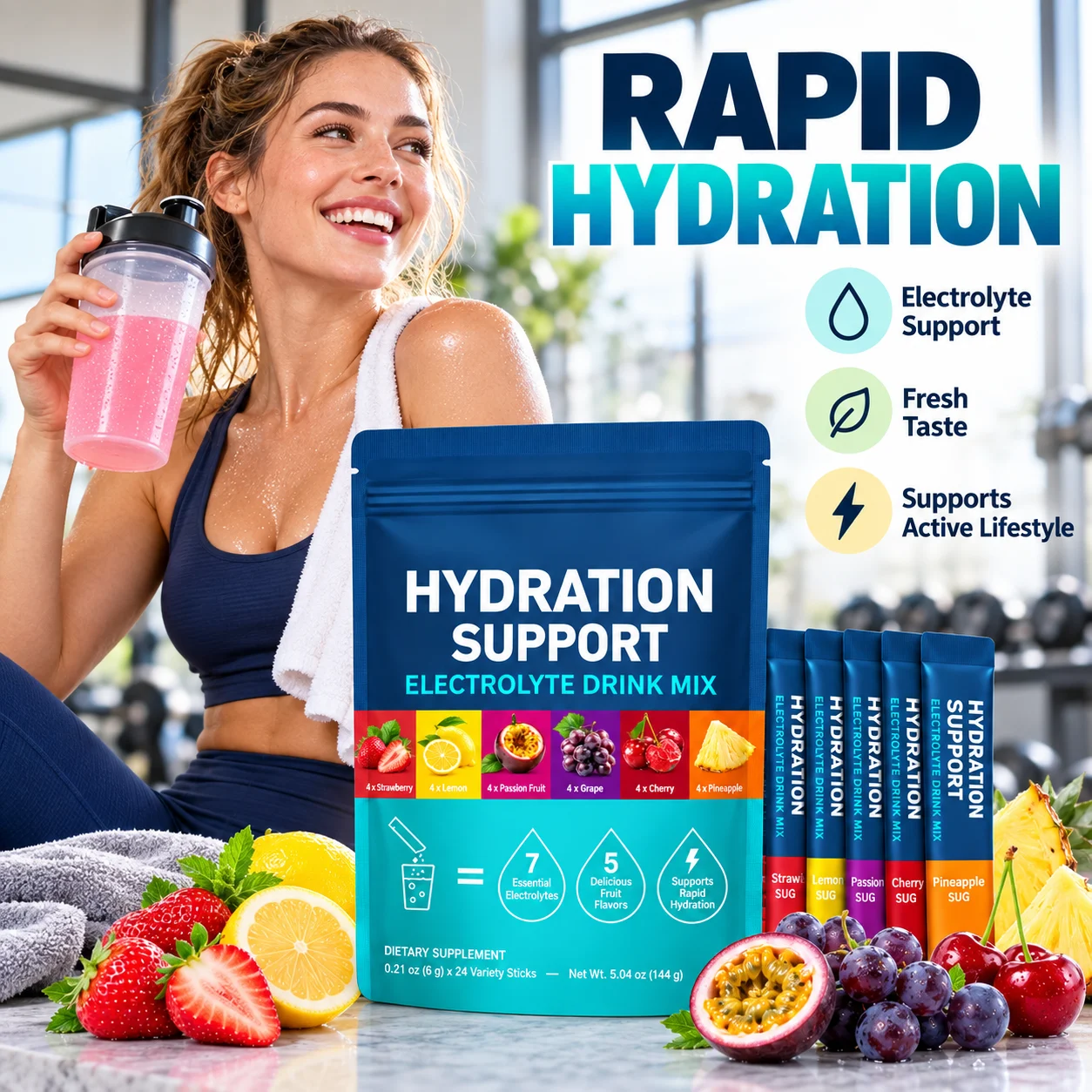 Hydration Support Electrolyte Drink Mix, 24 Variety Flavor Sticks, 7 Essential Electrolytes with Vitamin B Complex, Instant Powder Hydration Supplement product detail