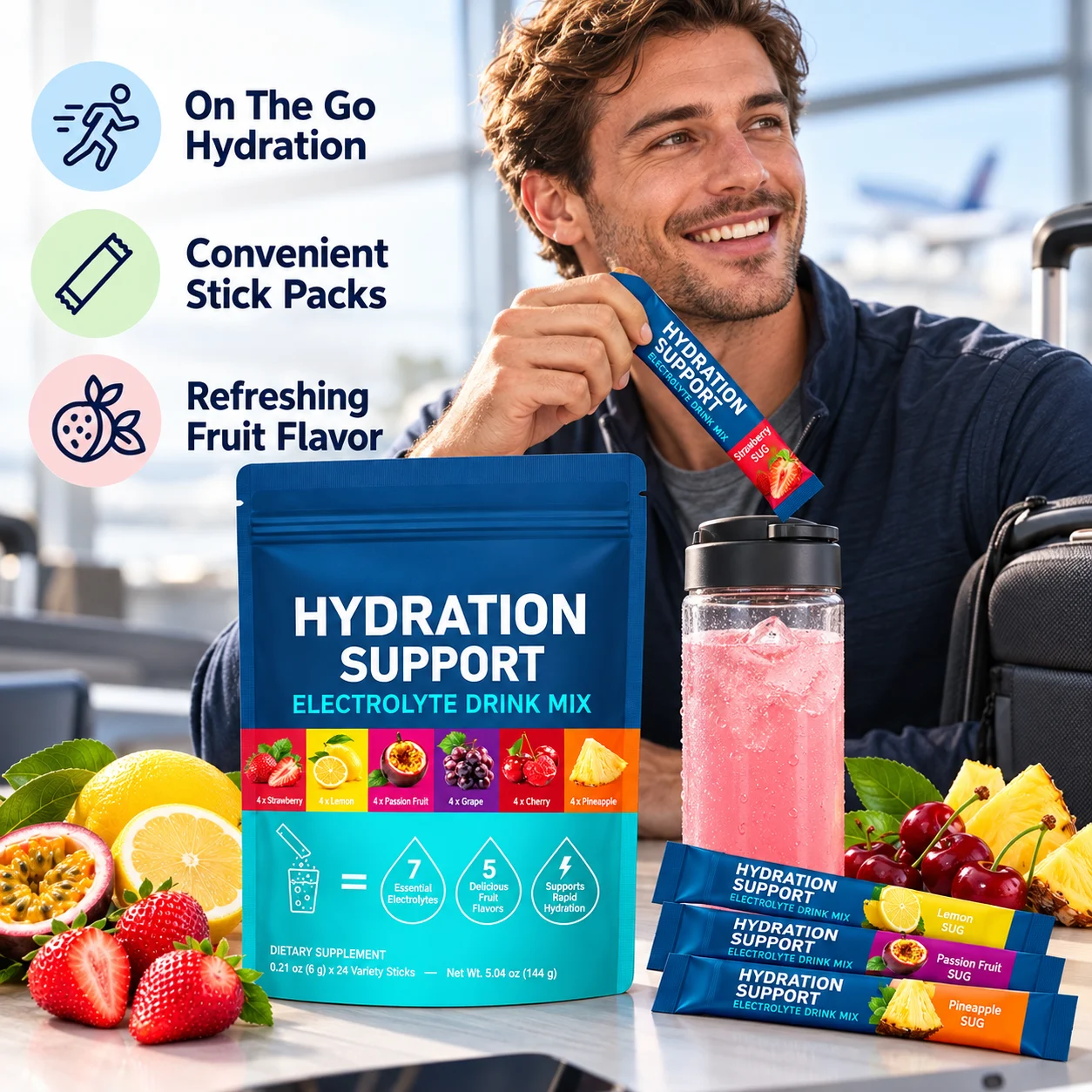 Hydration Support Electrolyte Drink Mix, 24 Variety Flavor Sticks, 7 Essential Electrolytes with Vitamin B Complex, Instant Powder Hydration Supplement product detail