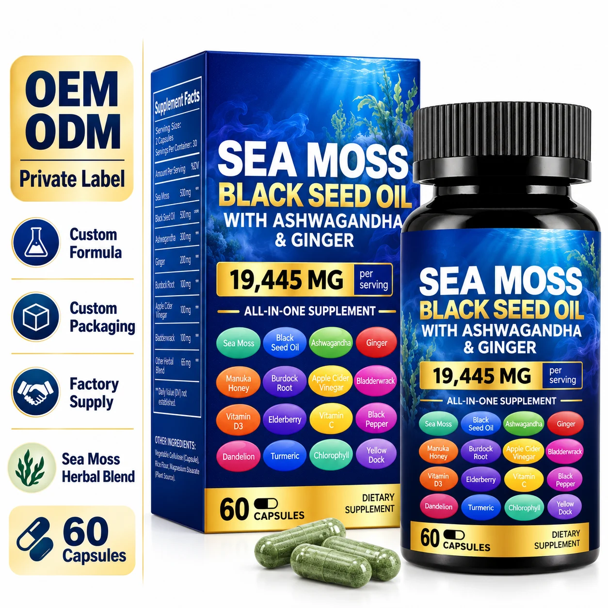 Sea Moss Black Seed Oil Capsules with Ashwagandha & Ginger, 19445mg All-in-One Herbal Supplement, 60 Vegan Capsules