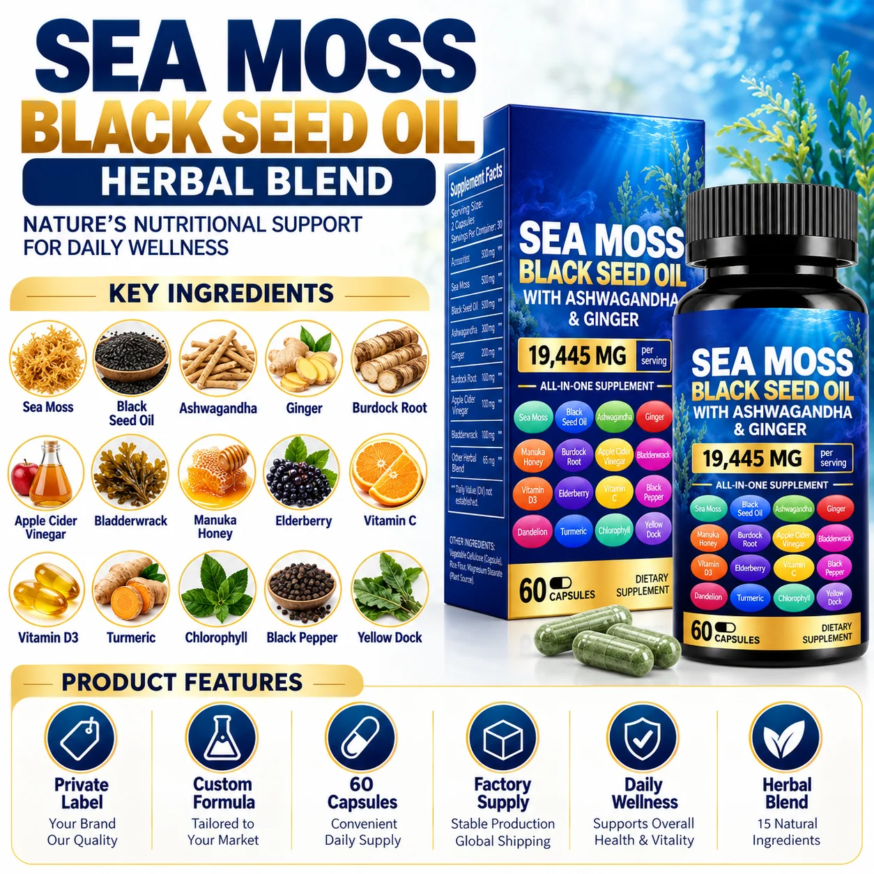 Sea Moss Black Seed Oil Capsules with Ashwagandha & Ginger, 19445mg All-in-One Herbal Supplement, 60 Vegan Capsules product detail