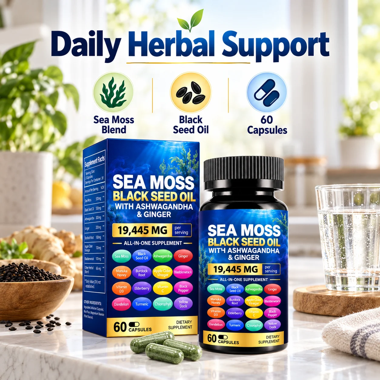 Sea Moss Black Seed Oil Capsules with Ashwagandha & Ginger, 19445mg All-in-One Herbal Supplement, 60 Vegan Capsules product detail