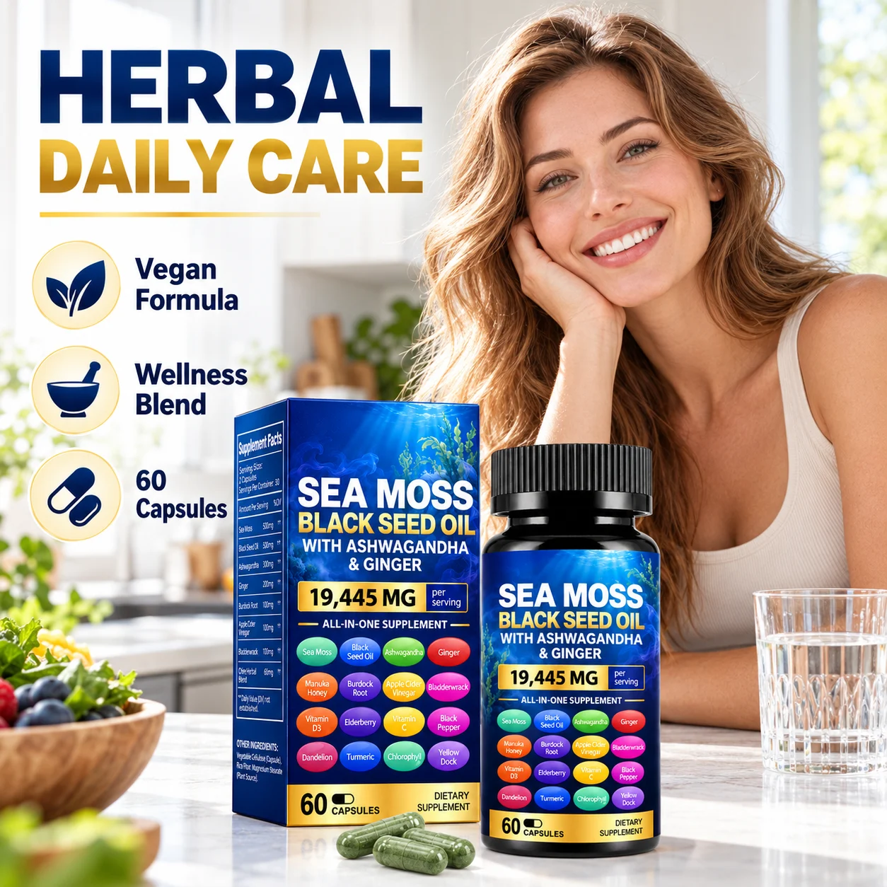 Sea Moss Black Seed Oil Capsules with Ashwagandha & Ginger, 19445mg All-in-One Herbal Supplement, 60 Vegan Capsules product detail