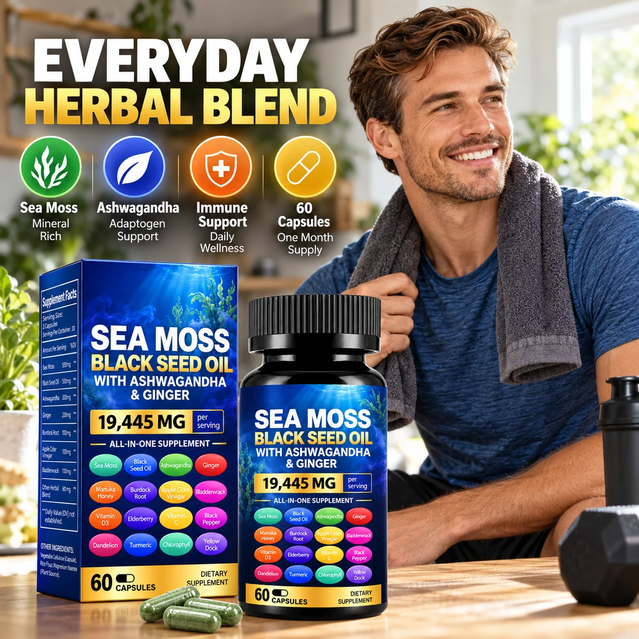 Sea Moss Black Seed Oil Capsules with Ashwagandha & Ginger, 19445mg All-in-One Herbal Supplement, 60 Vegan Capsules product detail