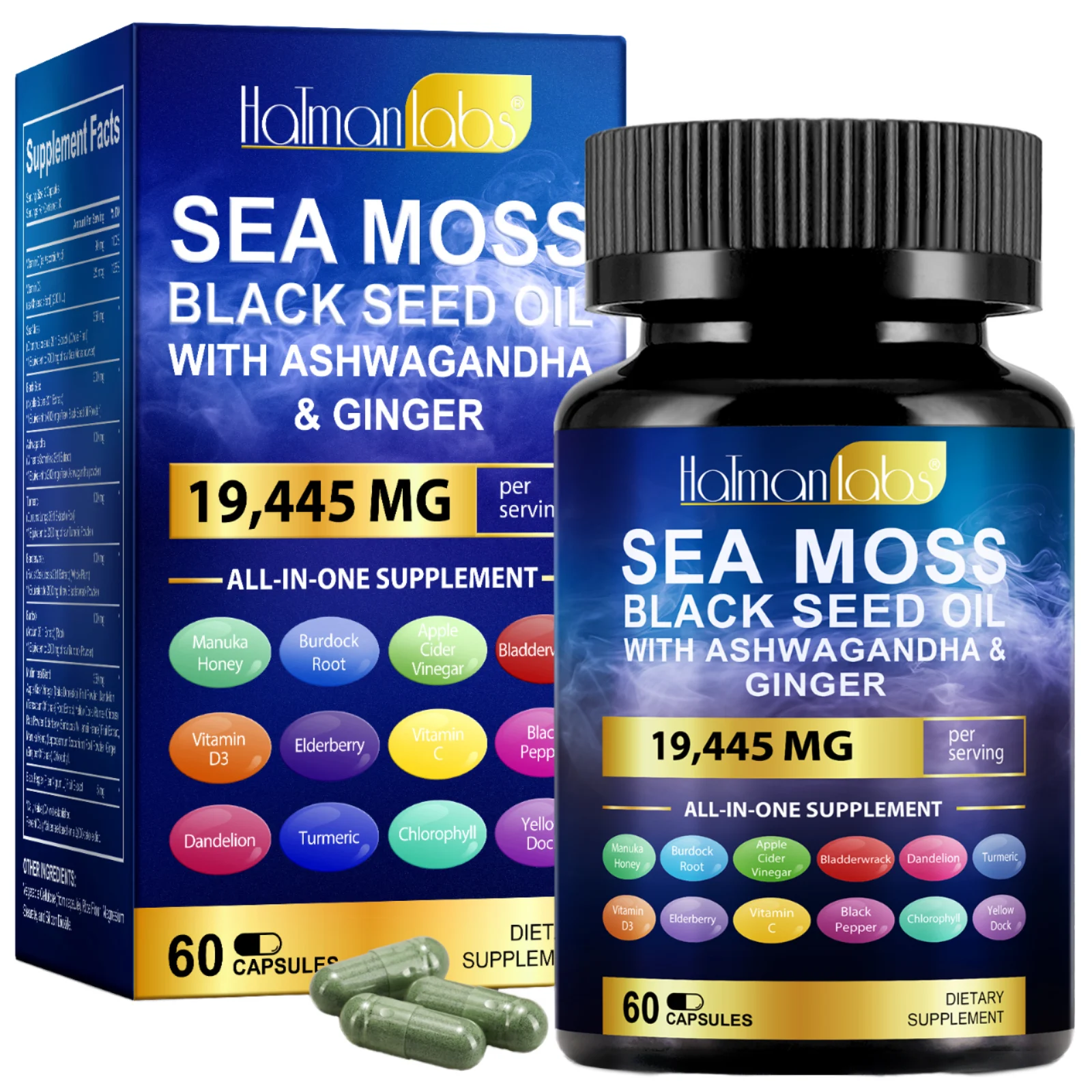 Sea Moss Black Seed Oil Capsules with Ashwagandha & Ginger, 19445mg All-in-One Herbal Supplement, 60 Vegan Capsules product detail