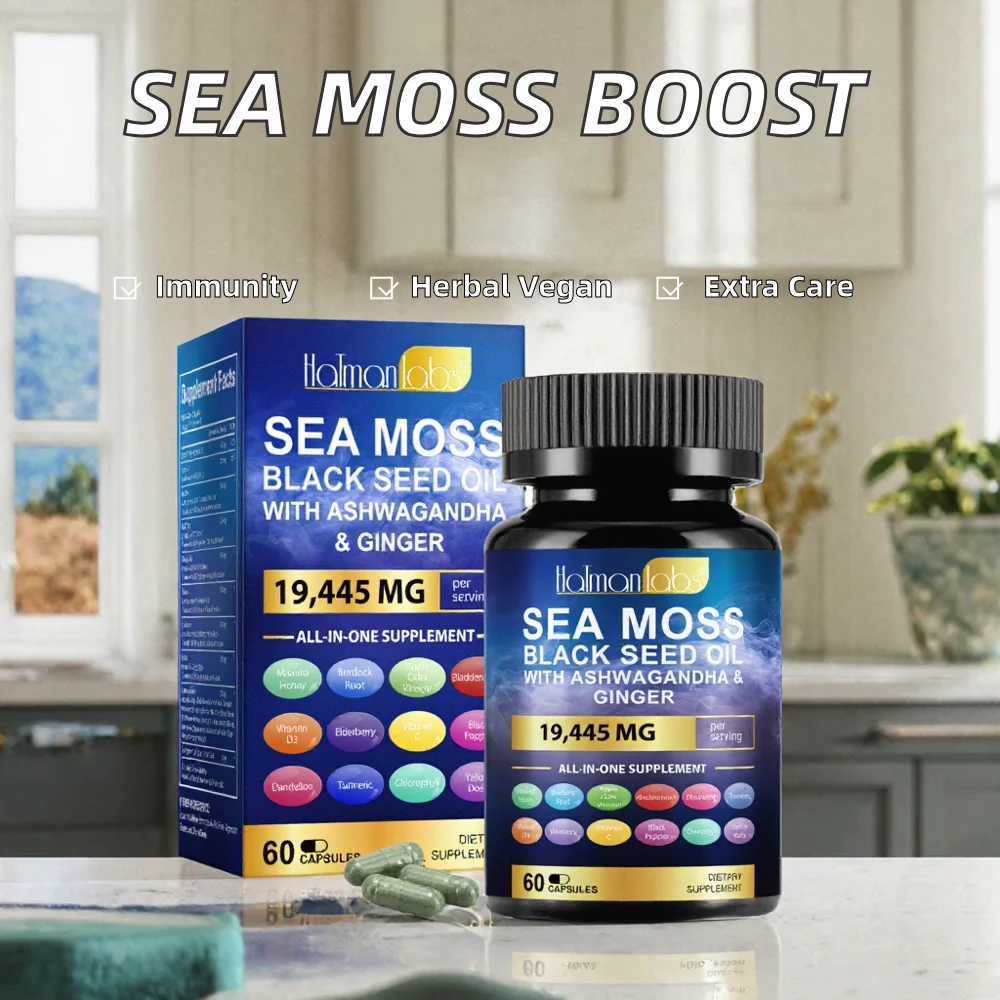 Sea Moss Black Seed Oil Capsules with Ashwagandha & Ginger, 19445mg All-in-One Herbal Supplement, 60 Vegan Capsules product detail
